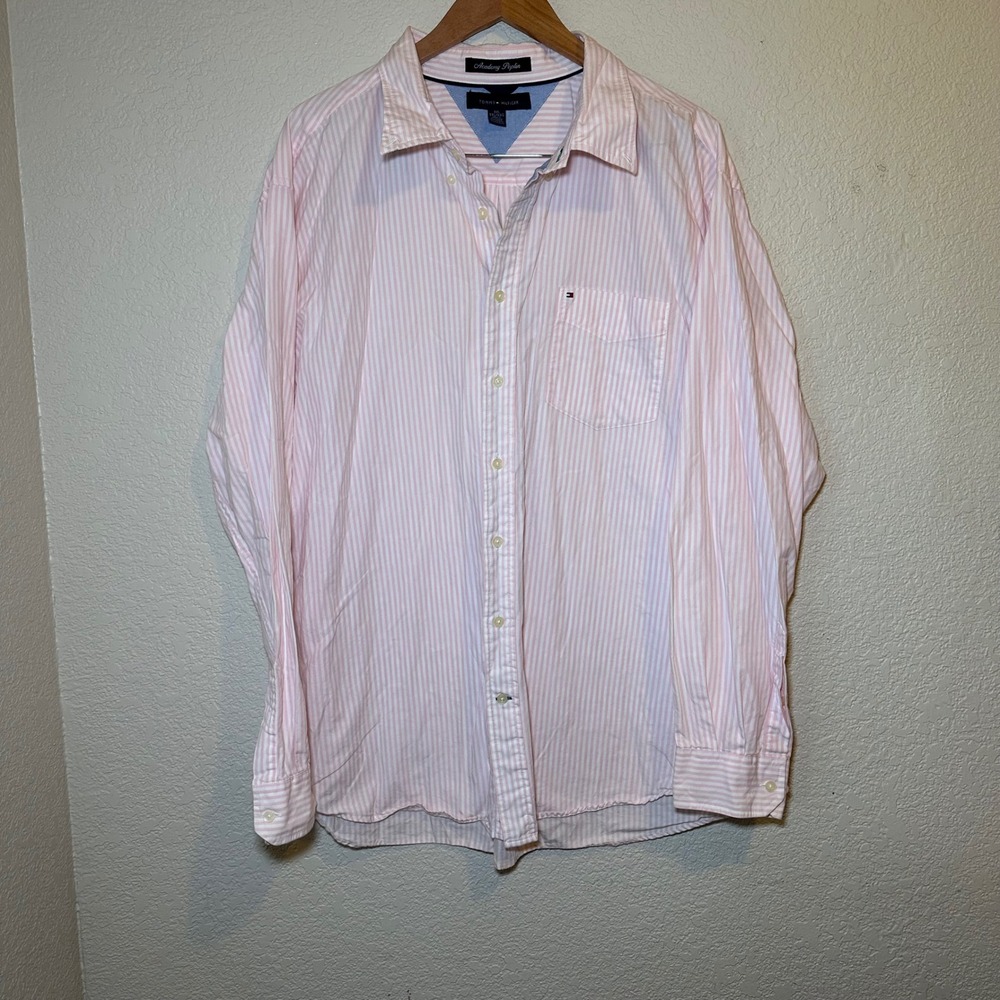 Tommy Hilfiger Mens 2XL Shirt Cornflower Pink Striped Academy Poplin Button Up